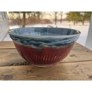 Studio Art Pottery Bowl Blue & Oxblood Drip Glaze Signed Stoneware Clay